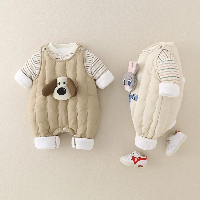 婴儿秋冬装加厚分体套装男女宝宝夹棉卫衣连体背带裤两件套外出服
