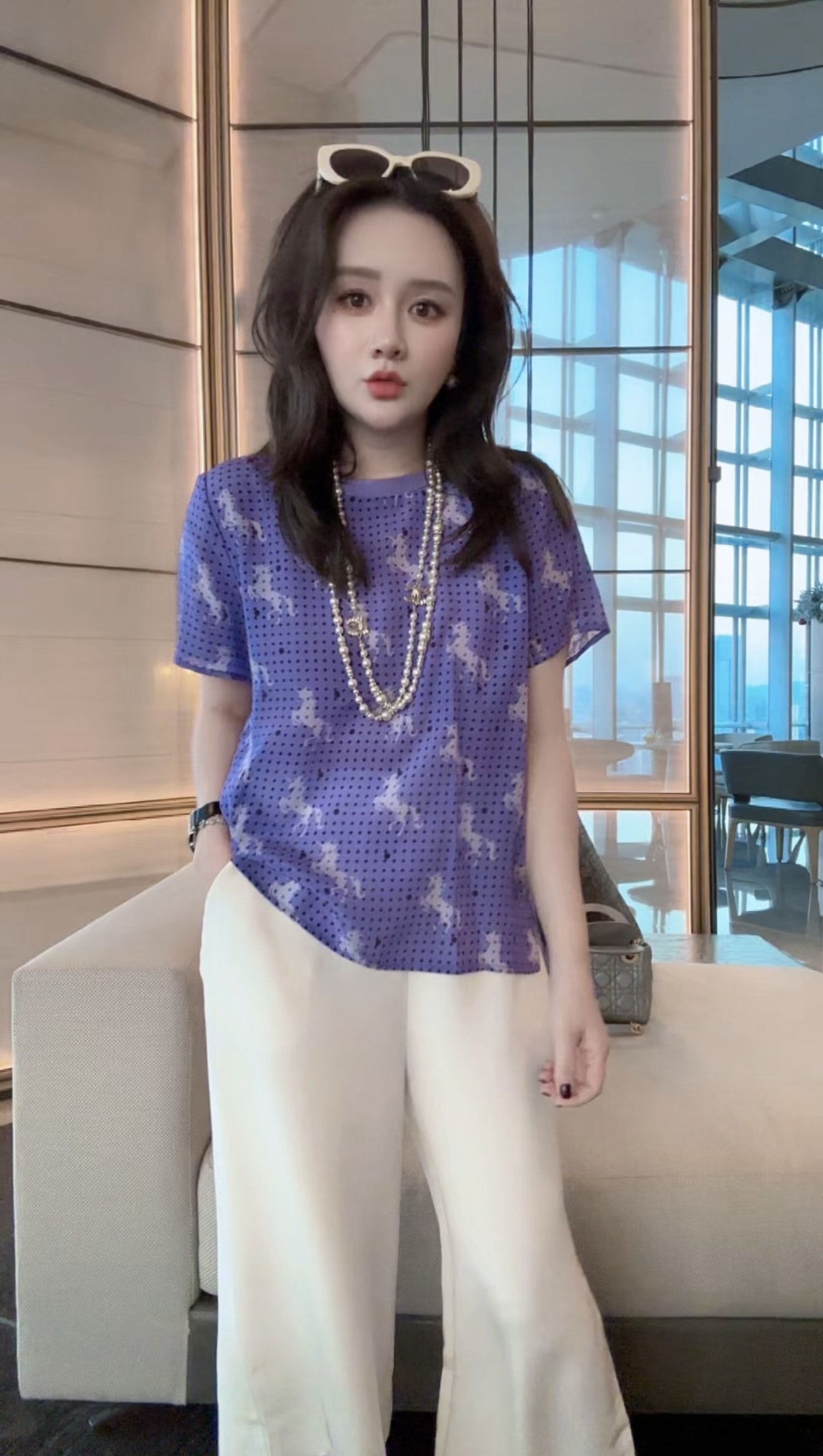 【丝芙玉禄】（A129）真丝双绉创意紫色波点马时尚显瘦桑蚕丝t恤上衣