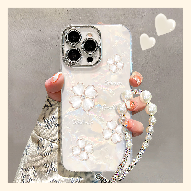 鎏金四叶草适用苹果17vivo华为oppo小米iPhone16精孔贝壳纹手机壳