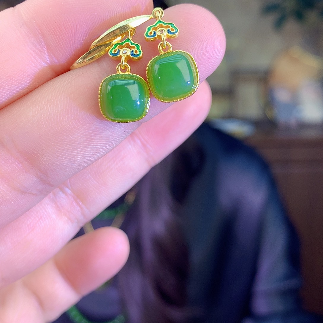 吊坠(不含链)银S925镶嵌和田玉（碧玉）耳饰