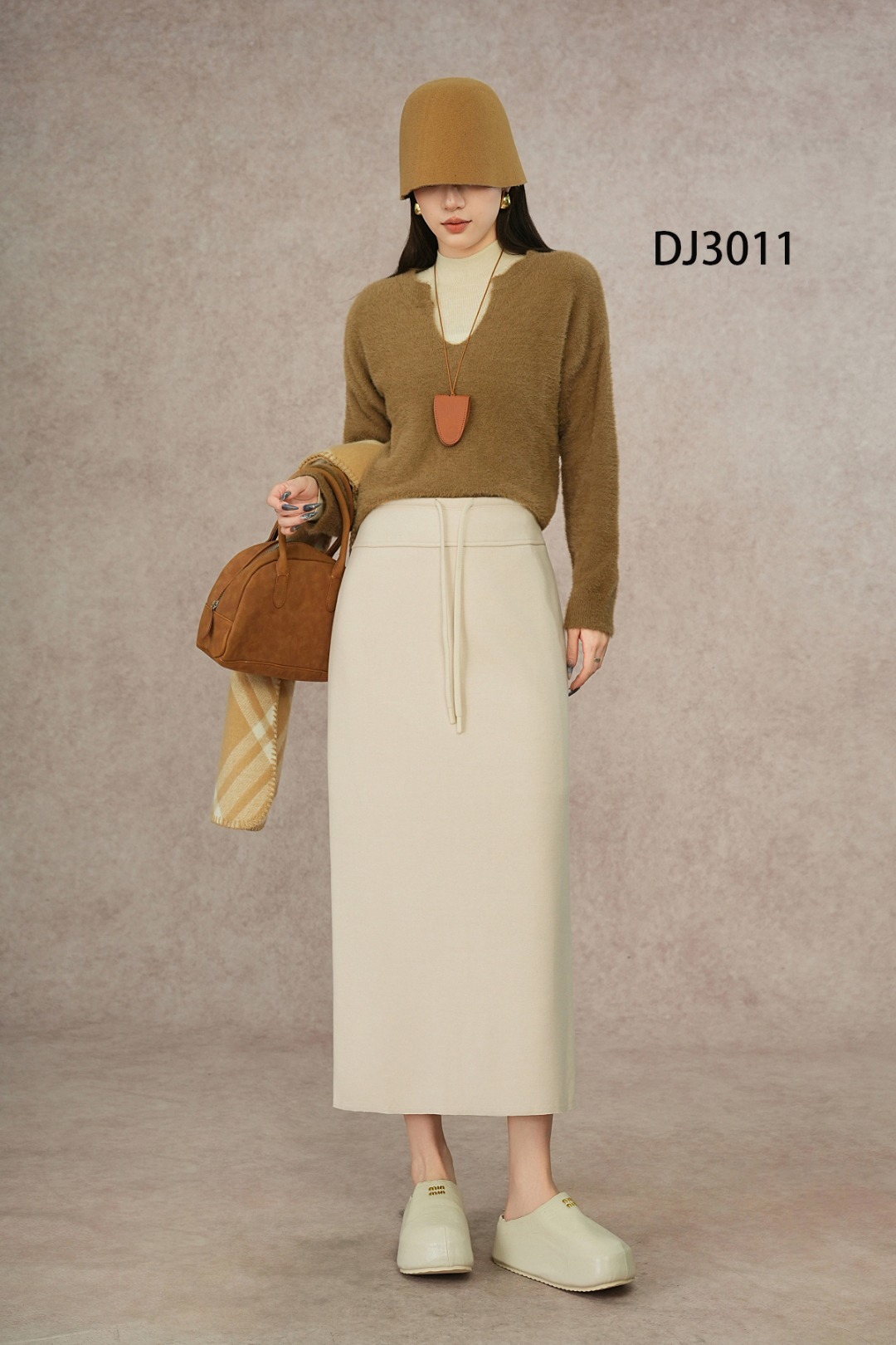 萍姐家2025新款抽绳垂感显瘦中长款气质通勤半身裙CY3011