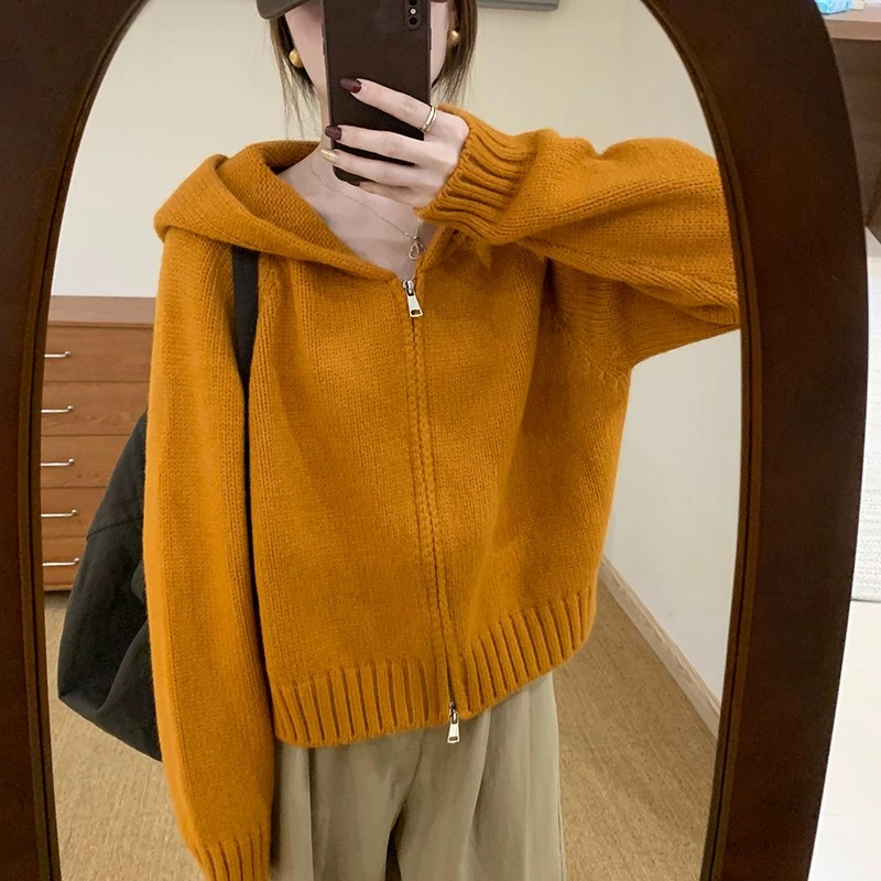 2025慵懒风毛衣外套女秋冬新款韩系简约宽松连帽拉链针织开衫-8