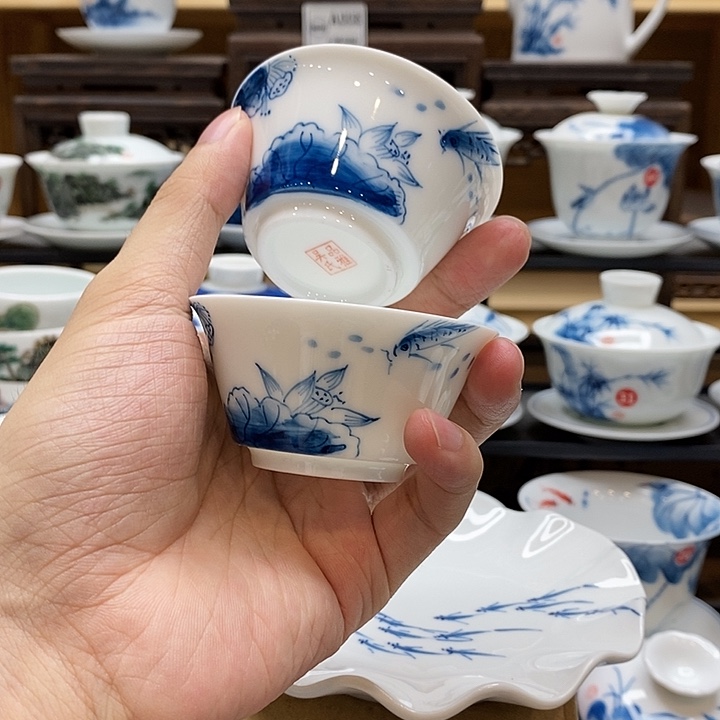 手绘2个装鱼跃龙门杯子50cc釉下彩微瑕福利款