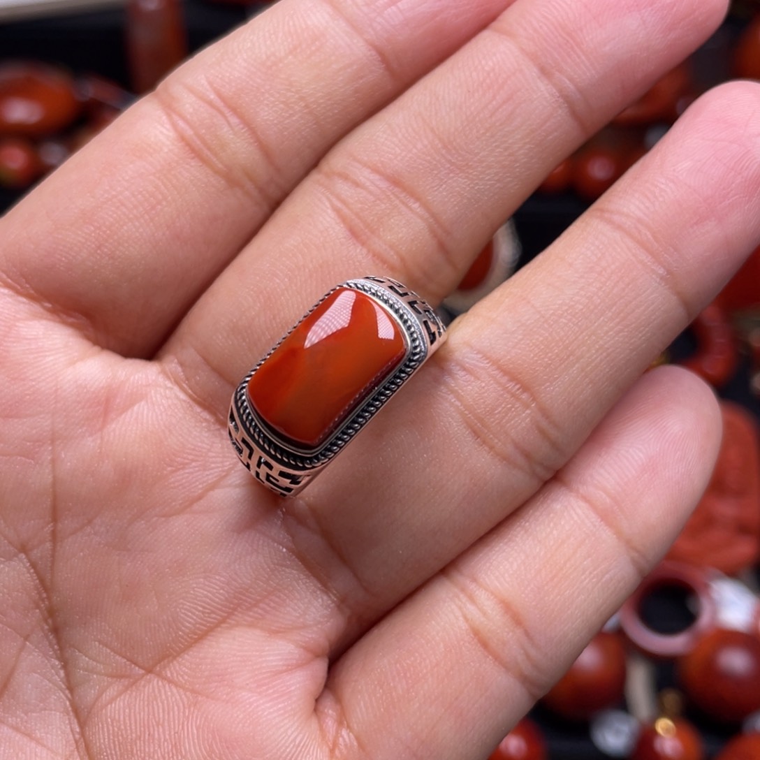 南红玛瑙珠宝奇石银S925镶嵌戒指