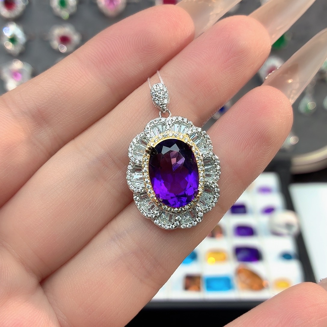 吊坠925银培育紫水晶色宝石吊坠