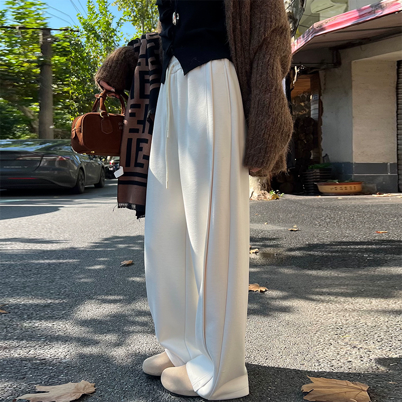 羊毛蚕丝全包边2025秋冬阔腿高腰显瘦冬季加绒加厚休闲裤宽松百搭