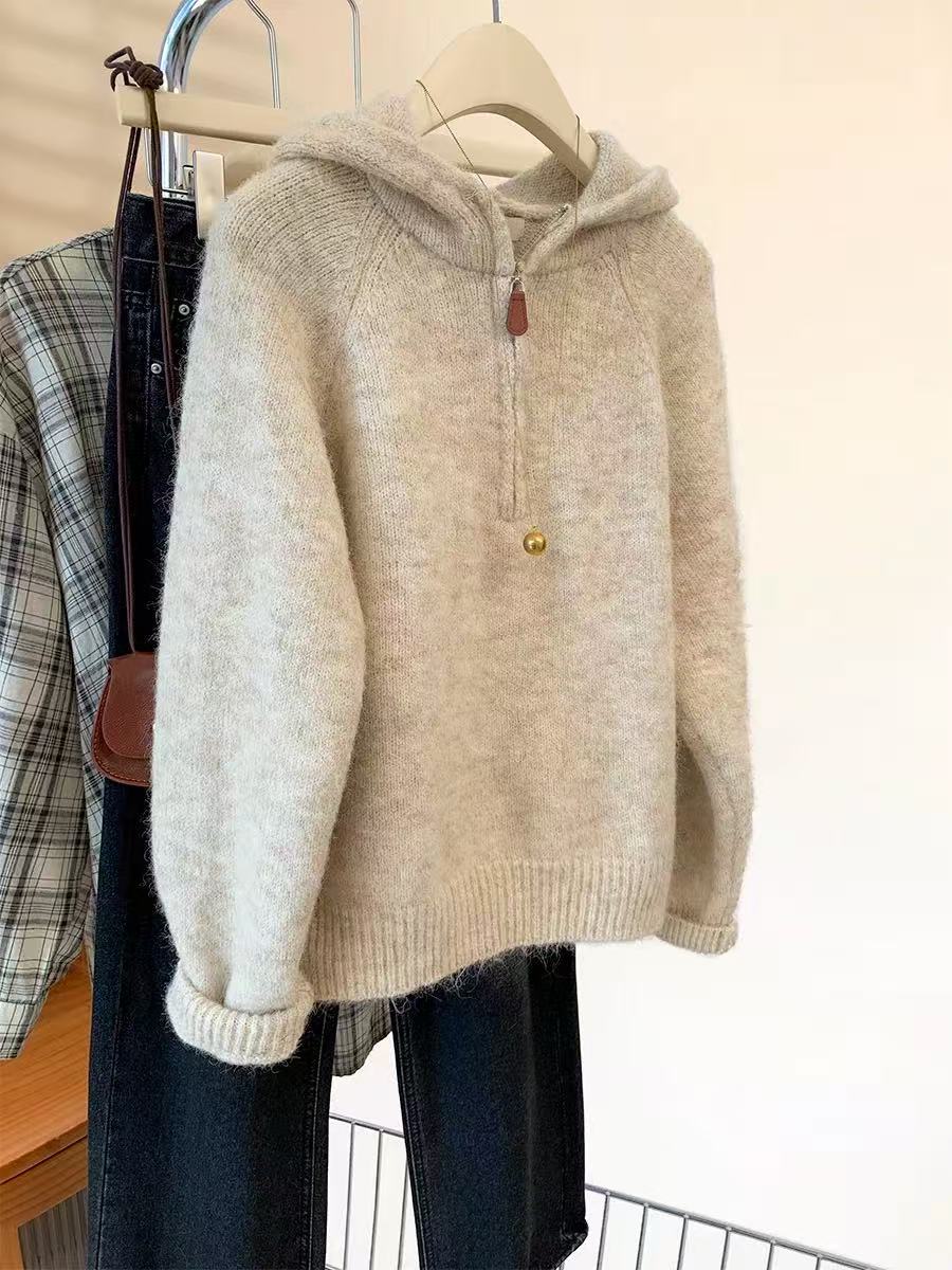 【羊毛】连帽针织毛衣女2025秋冬季新款宽松慵懒风高级感保暖上衣