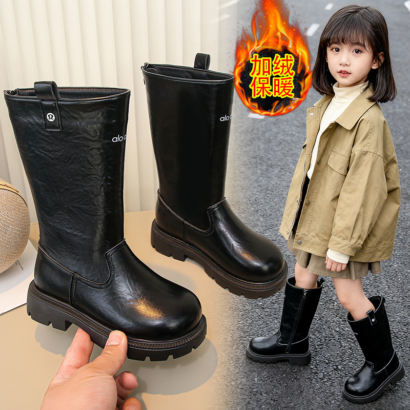 女童长筒靴2025秋冬款女童时尚长筒骑士靴女孩加绒烟筒靴黑侧拉链