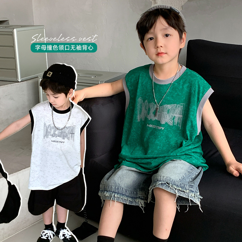 南妈家男童背心纯棉夏天薄款夏季时尚儿童夏装撞色领口 37400