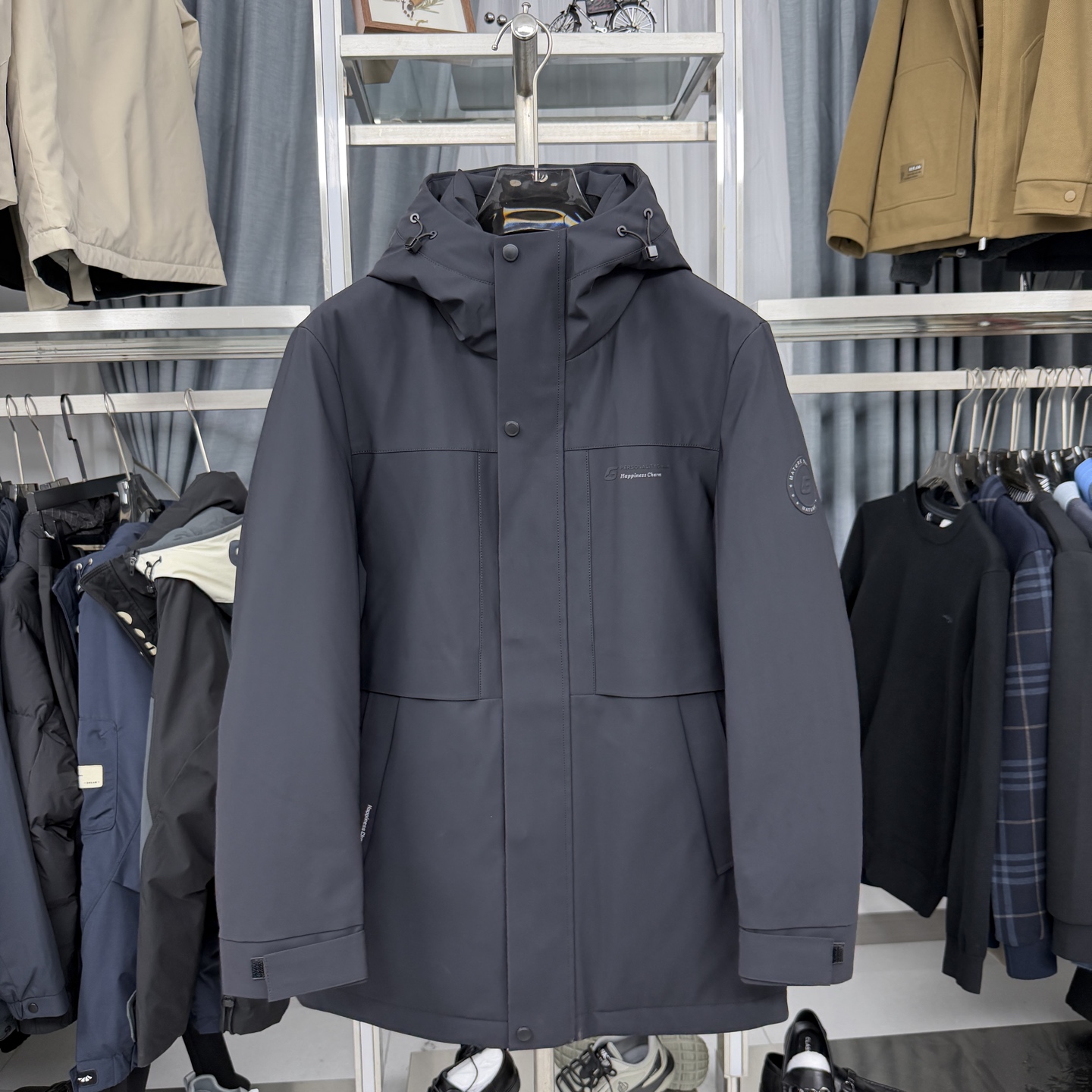 W947男士加厚净色中长款羽绒外套连帽设计石墨烯内衬冬季保暖外套