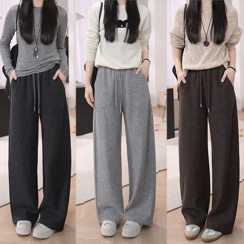 新款舒适显瘦弹力加厚直筒弯刀裤子秋冬款女松紧腰加绒休闲裤8831