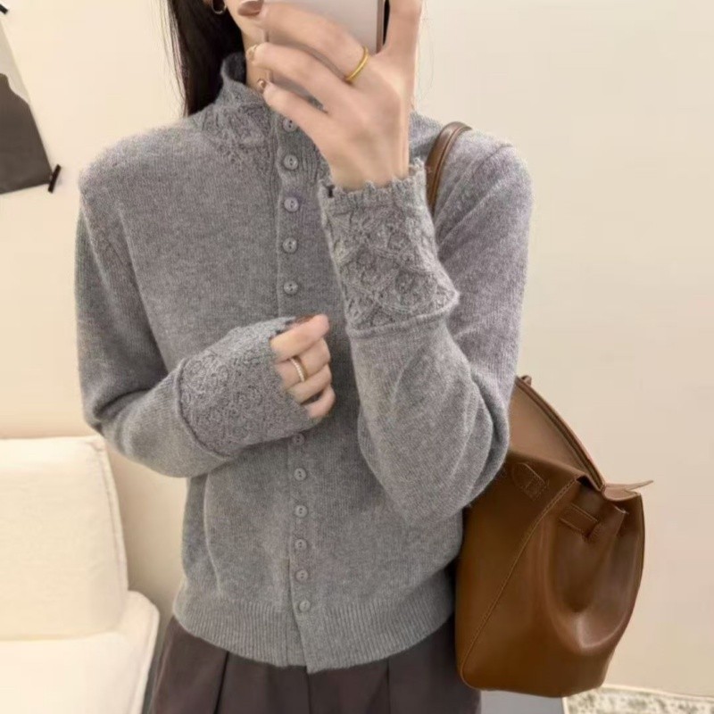 3440镂空钩花秋冬季女时尚开衫毛衣上衣针织衫纯色外套软糯潮