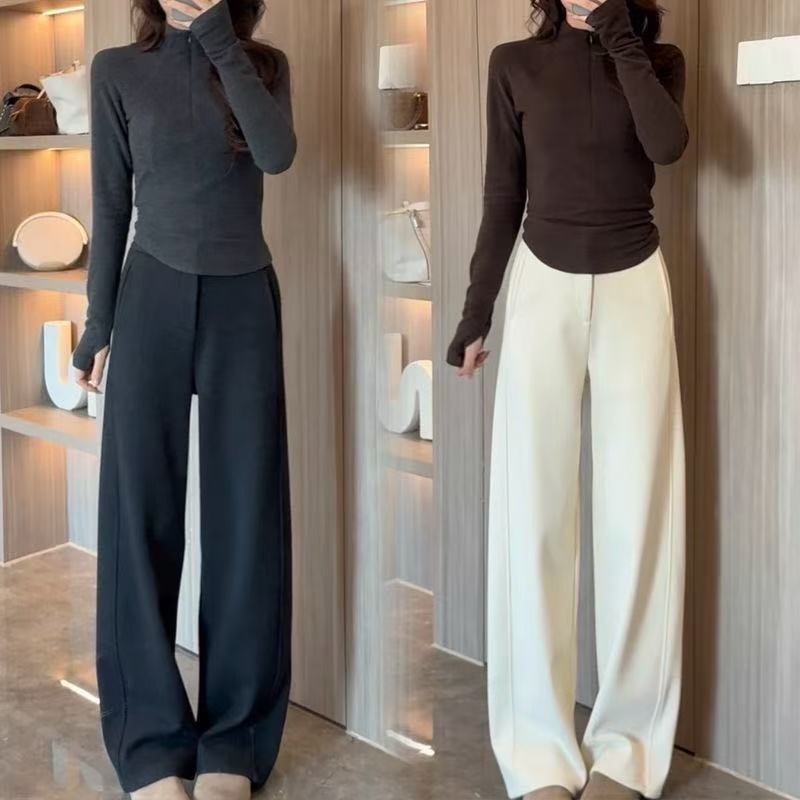 加绒加厚醋酸羊毛呢垂感休闲裤显瘦阔腿裤百搭宽松显瘦直筒拖地裤