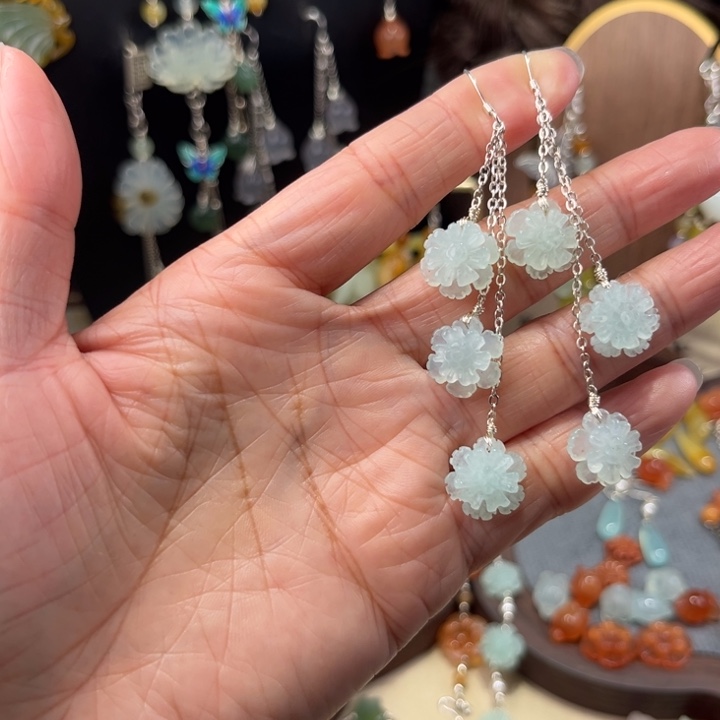 蛇纹石玉银S925镶嵌耳饰