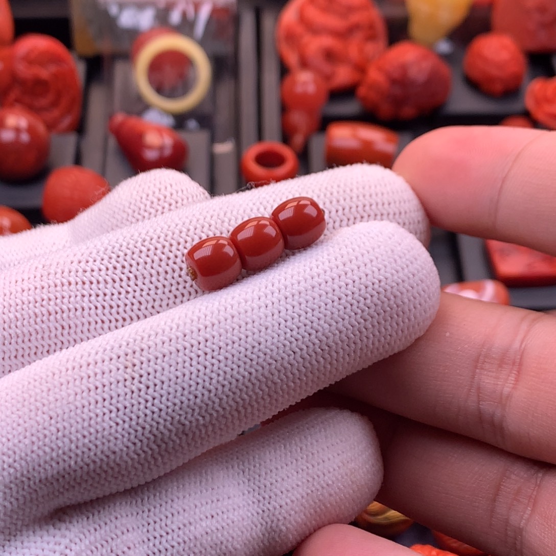 南红玛瑙未镶嵌川料原矿满色满肉锦红直切连珠7.5mm