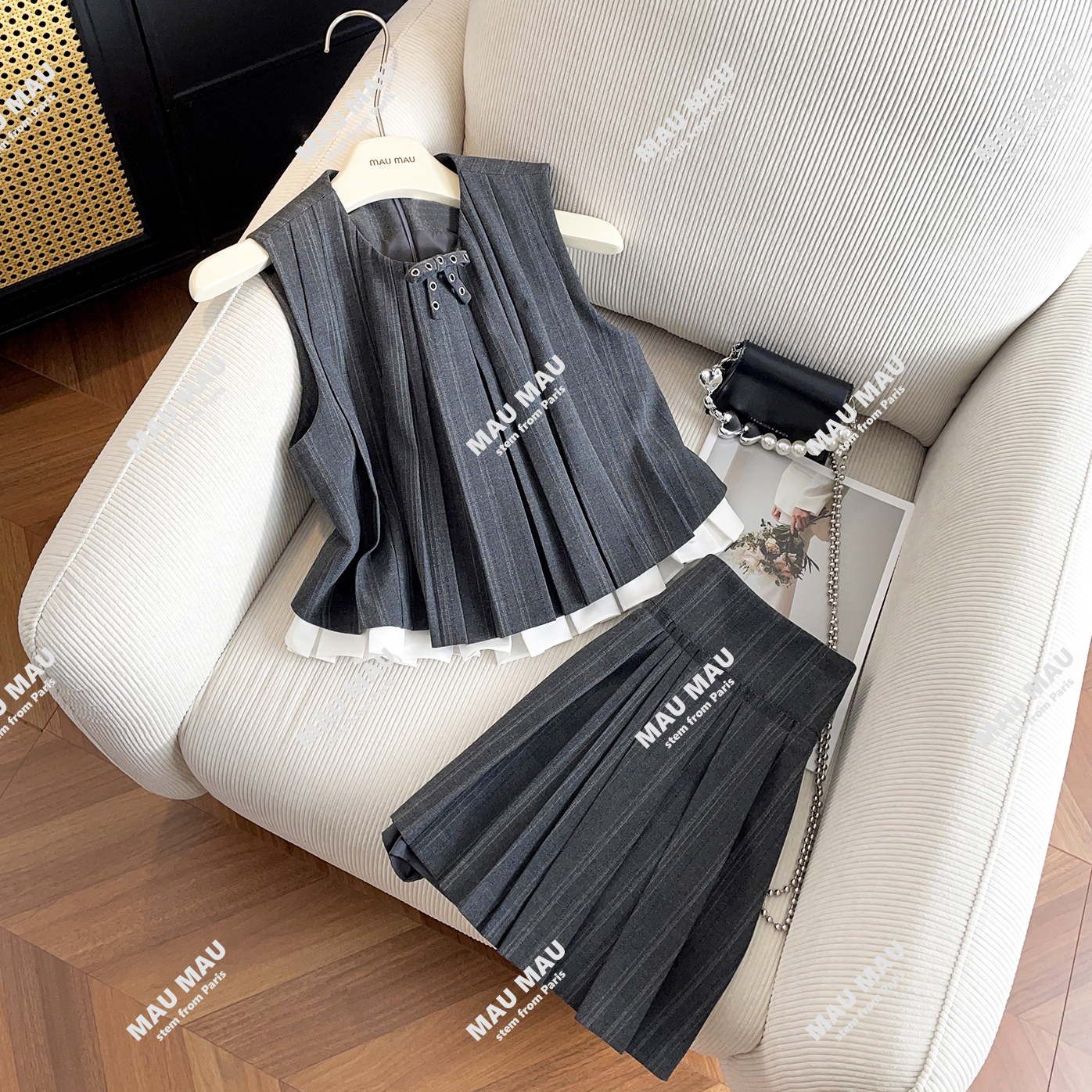 MIUMEN2025秋新款拼接荷叶边巴恩风背心马甲+半裙套装DY7919