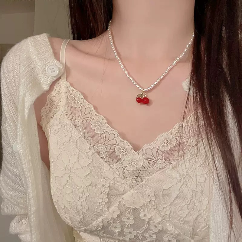 铜仿珍珠项链 夏季樱桃项链女轻奢小众气质脖颈链甜美清新锁骨链