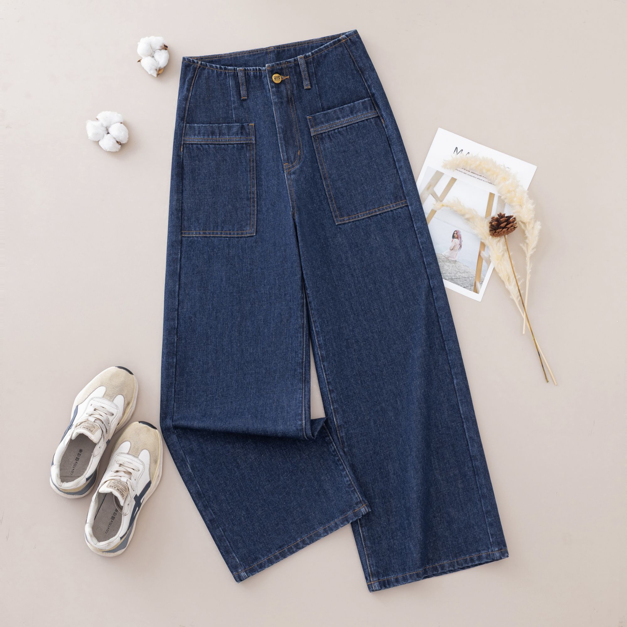 直筒裤纯色丹宁风高腰水洗牛仔裤裤子秋季晕染公主风N