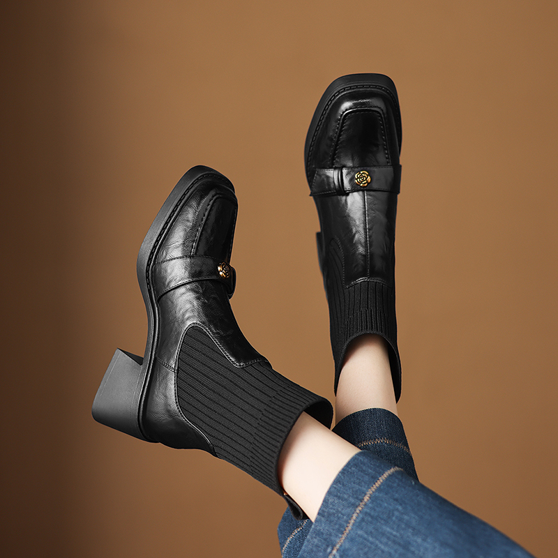 S002粗跟中跟防滑方头短靴秋冬靴子牛皮瘦瘦靴单靴百搭复古瘦瘦靴