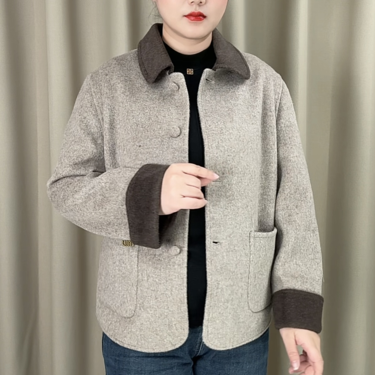 洋气中年妈妈秋录播休闲宽松短款双面昵大衣女外套妈妈装毛呢气质