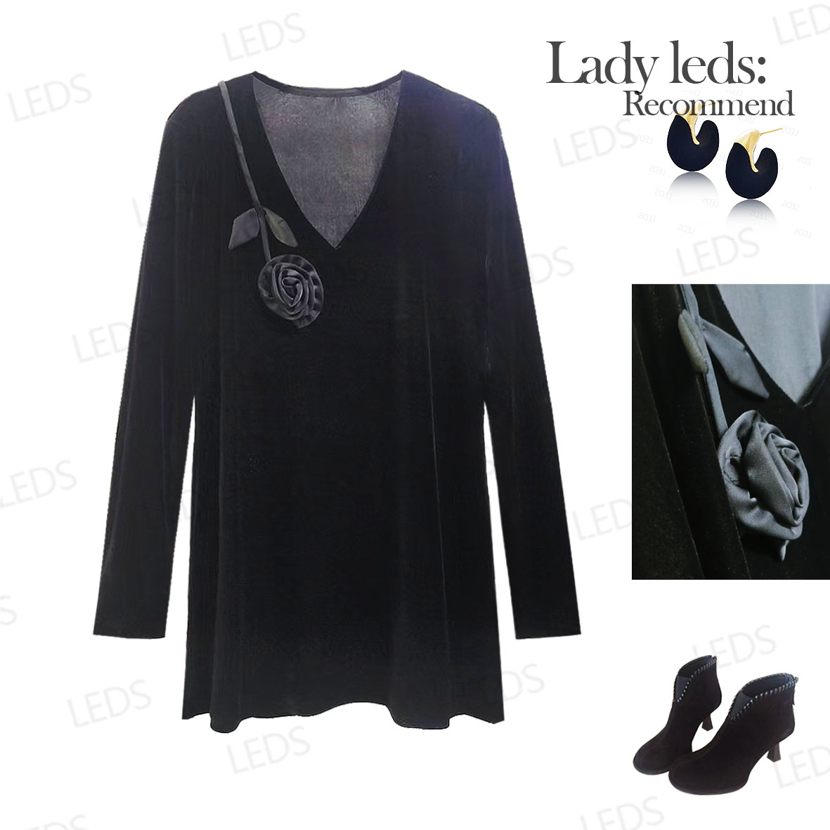 LEDS C2509秋季法式浪漫氛围V领立体玫瑰装饰气质上衣T