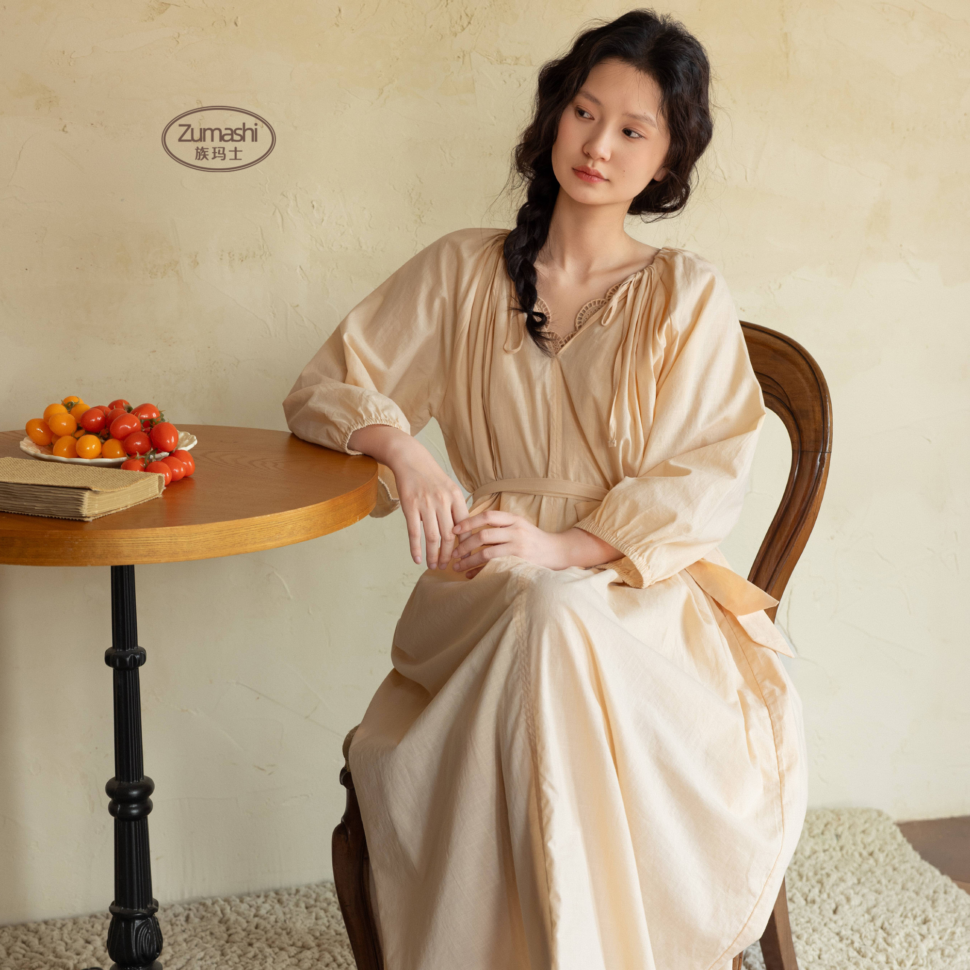 族玛士女士纯棉睡衣女家居服韩式蕾丝裙法式睡裙长袖中长款可外穿