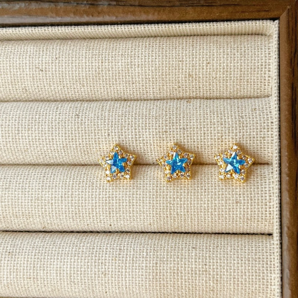 左夕P2080【2个金底海蓝锆石星星纽扣】高保色铜镀银DIY配件