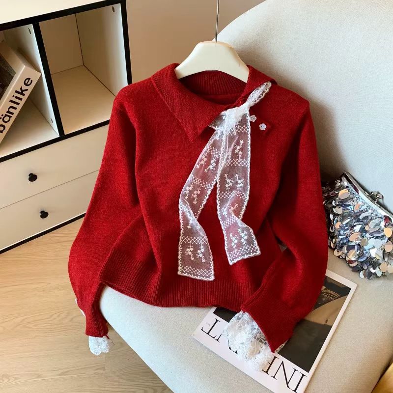 红色蕾丝拼接针织衫毛衣女秋冬2025新款大码微胖mm显瘦高级感上衣