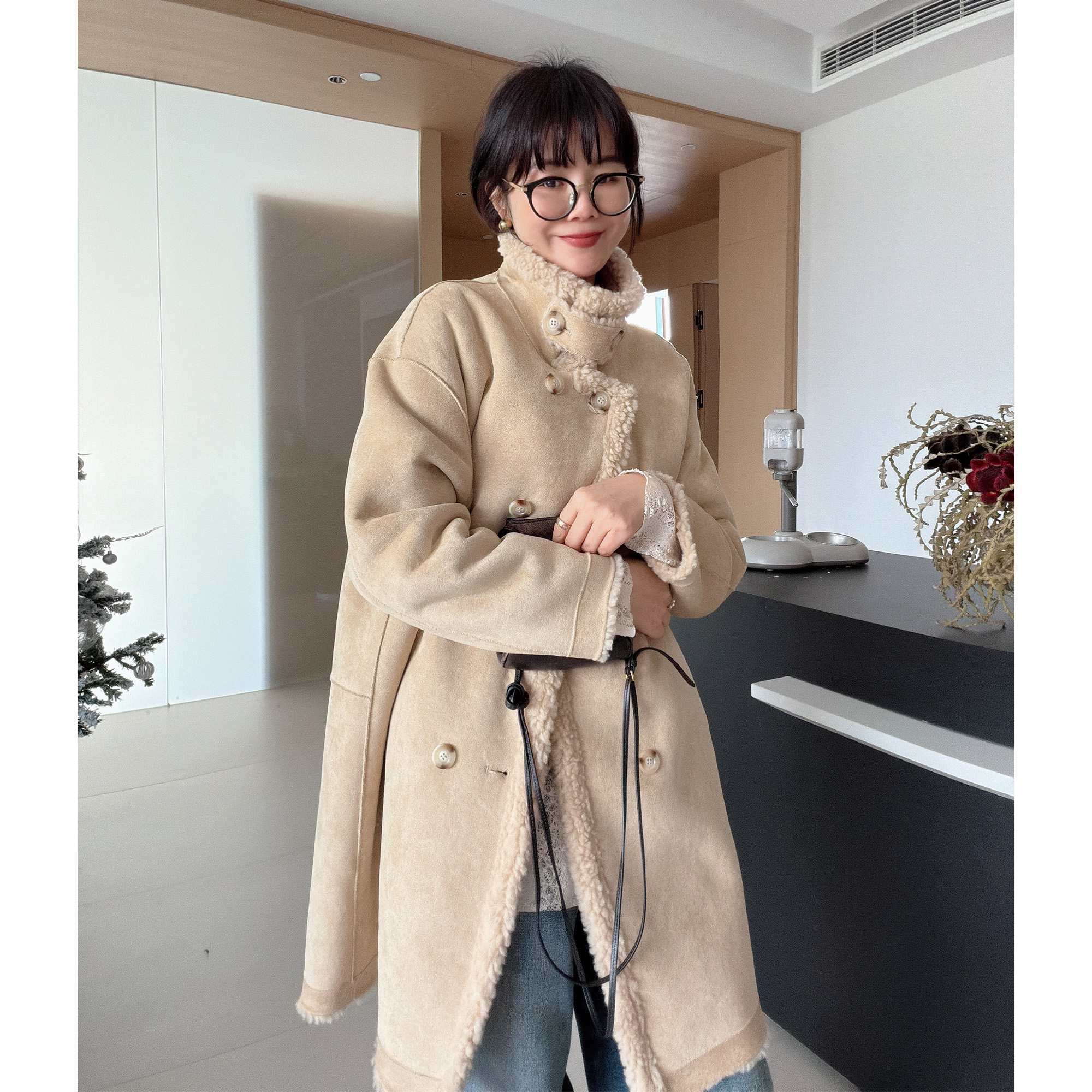 秋冬加厚保暖双面创宽松羊羔毛中长款外套