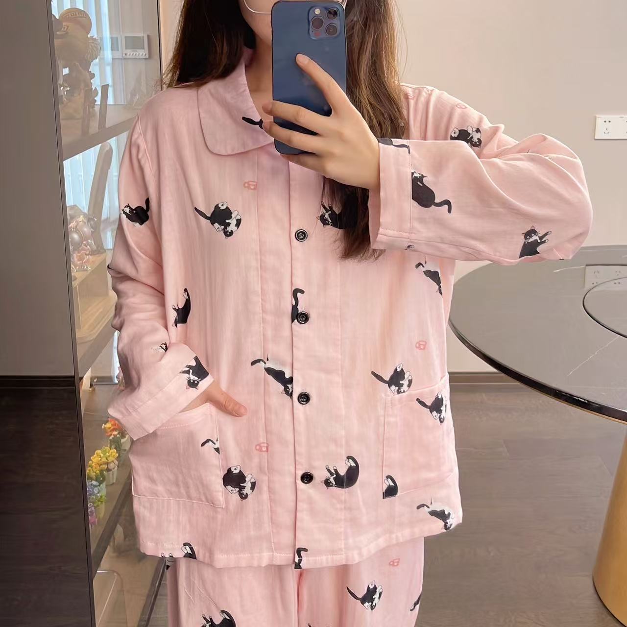 【禾昊嘉仪】纯棉双层纱升级版翻领长袖套装全棉精梳棉睡衣居家服