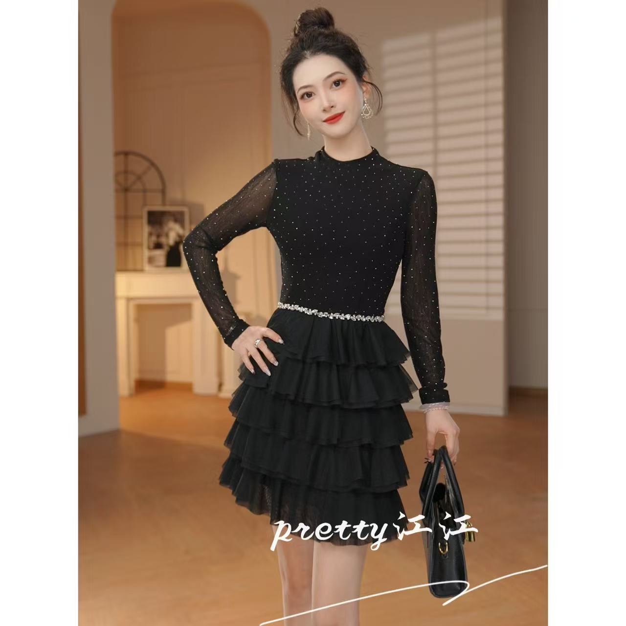 Pretty小众设计师品牌江江定制 秋季小众高腰小个子连衣裙9175