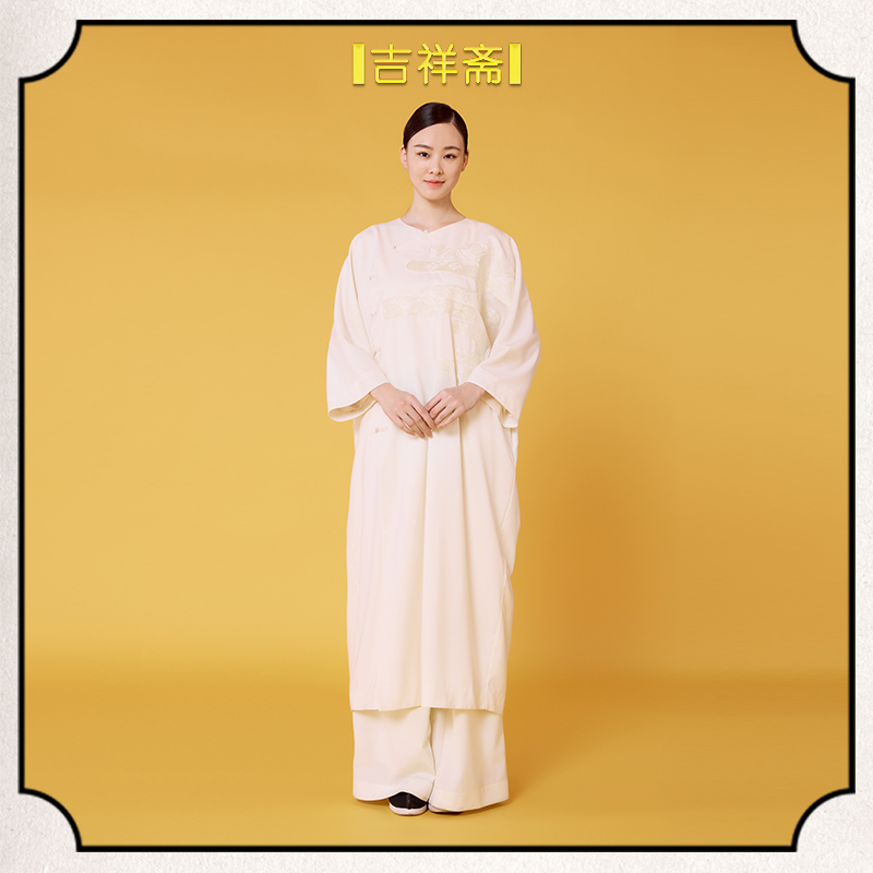 |吉祥斋|玉溪烟长衫绵羊毛混纺刺绣云纹国风中式圆领斜襟长衫