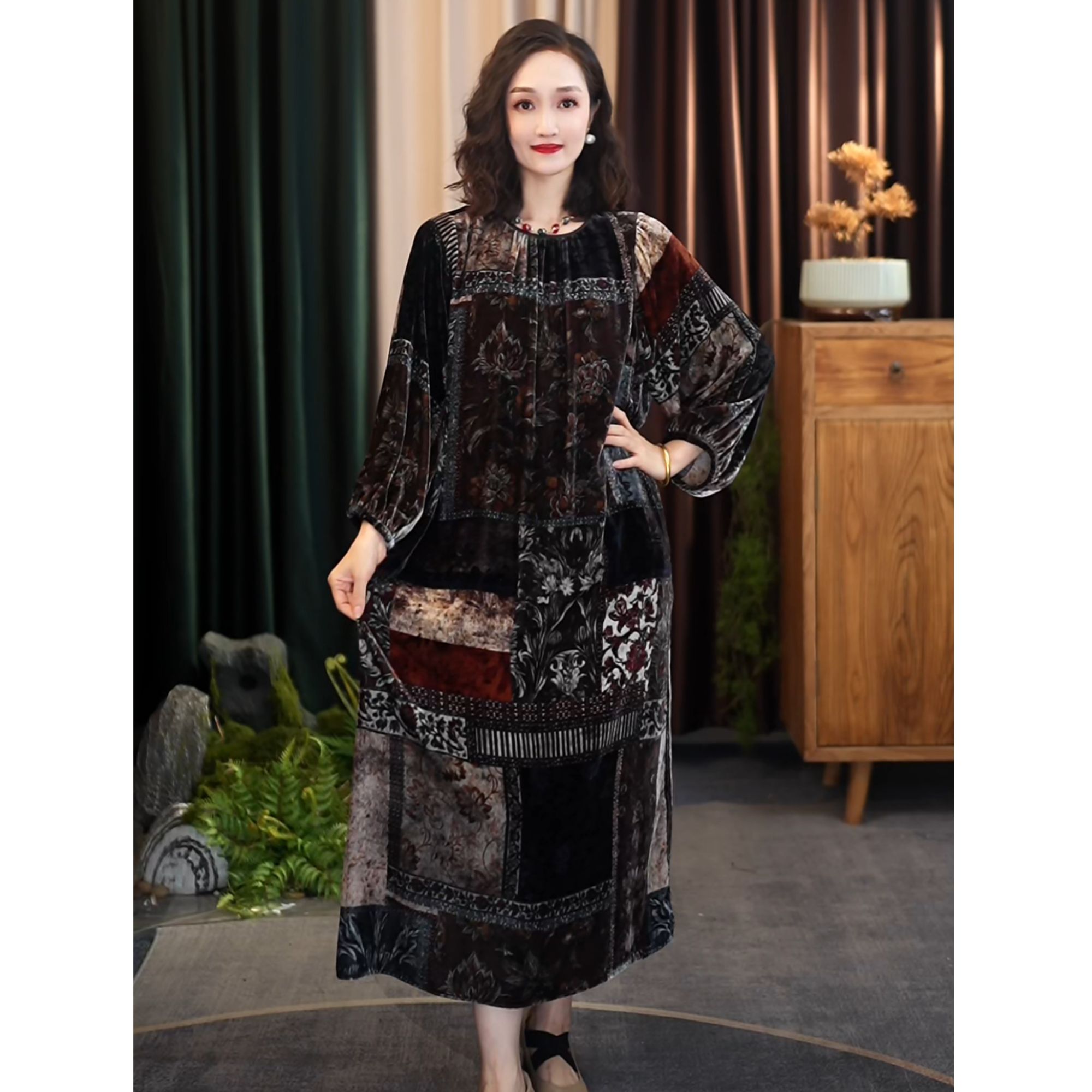 【辰辰高定】国风桑蚕丝丝绒长款时尚优雅气质民族风轻奢连衣裙0953