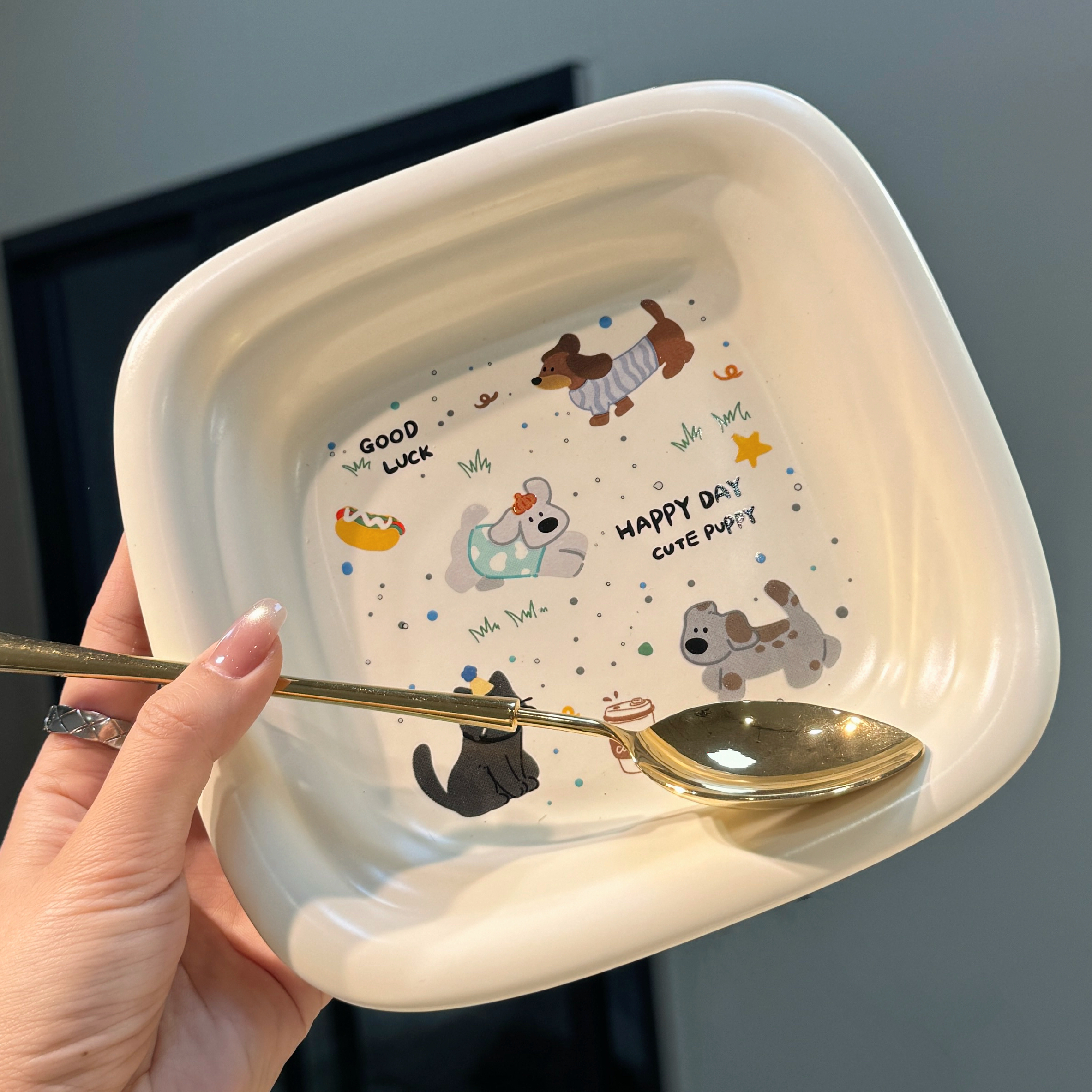 【圆和圈】出口尾单 花斑小狗哑光陶瓷盘 高温瓷陶瓷盘不带勺