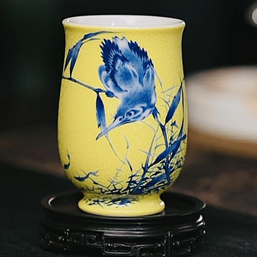 【黄老邪真选】澄怀堂｜黄釉扒花工艺王步青花单翠陶瓷主人杯闻香杯