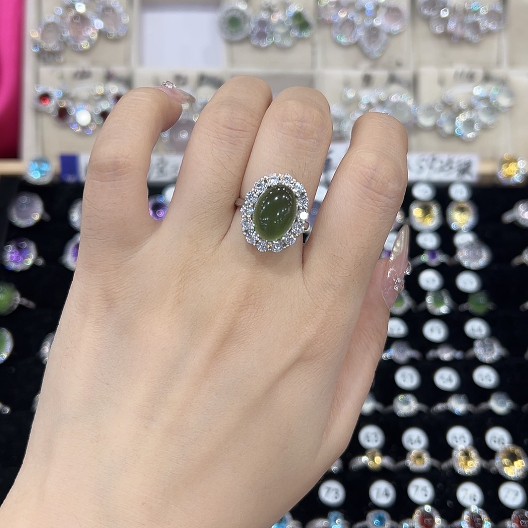 M****蛇纹石玉银S925镶嵌戒指