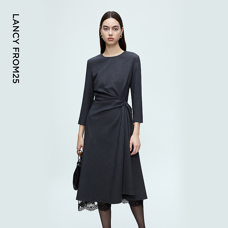 朗姿深灰色法式优雅长袖轻礼连衣裙女捏褶高级感2025年冬季新款