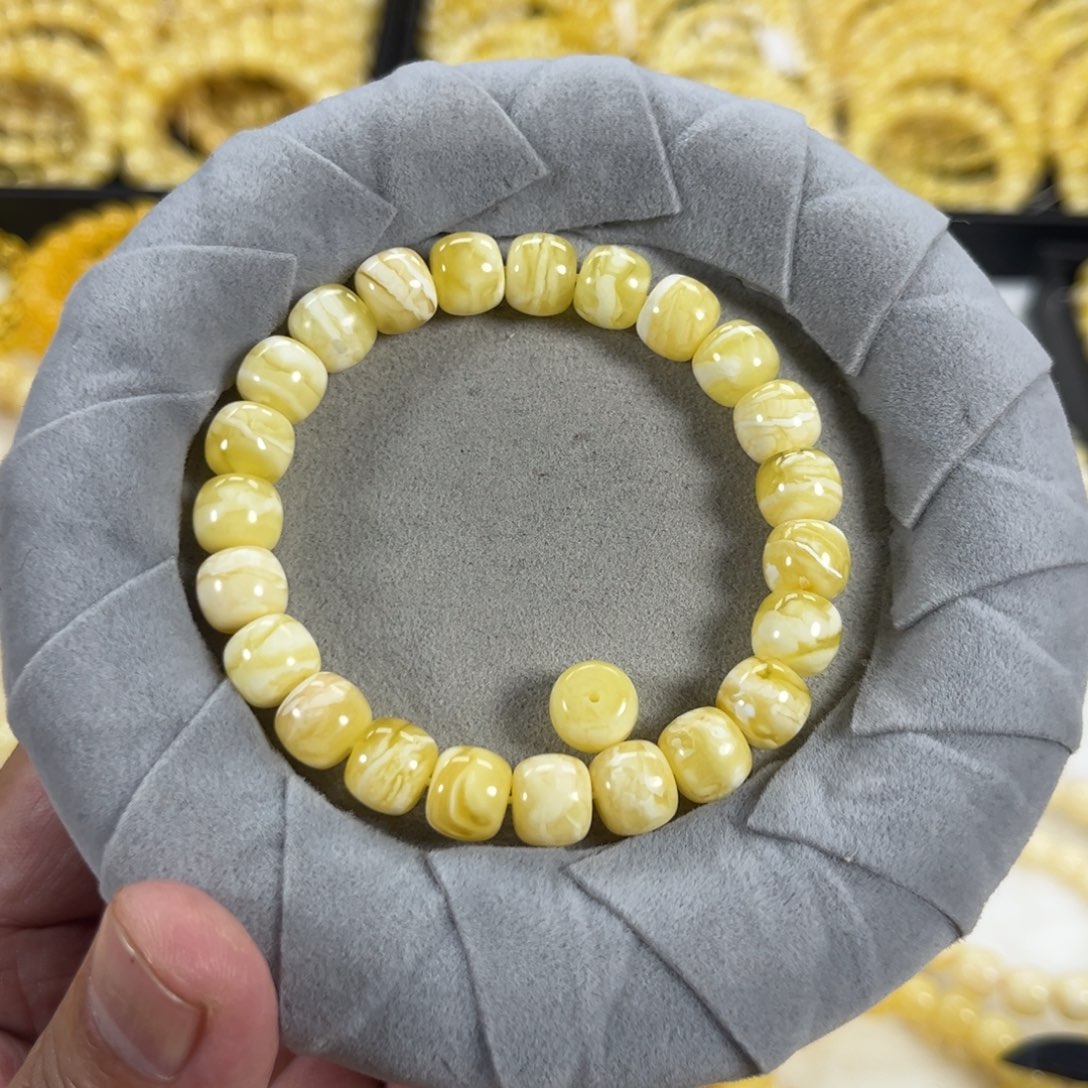 蜜蜡手串未镶嵌小*猫纯天然俄料瓷白花虎皮