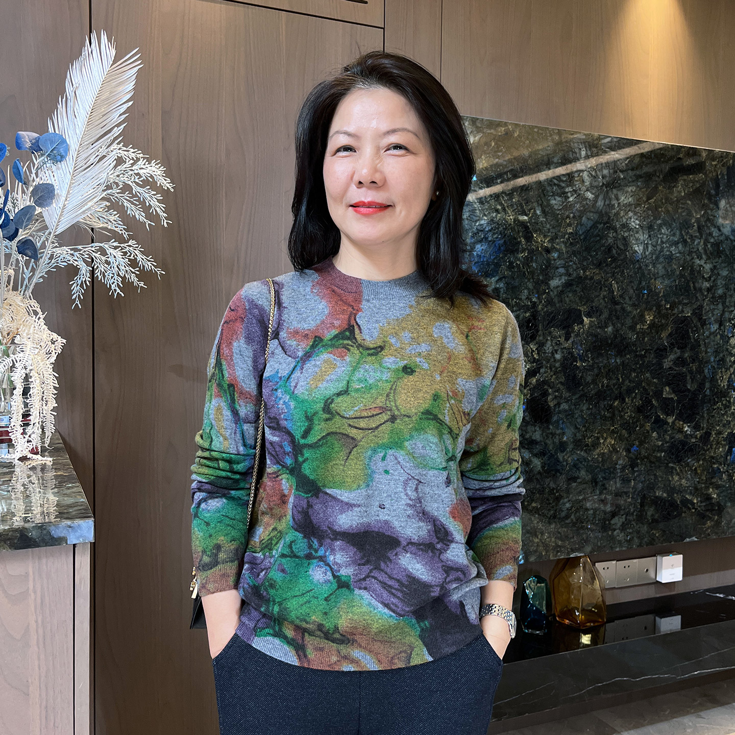 女士气质印花圆领时尚妈妈羊毛衫中老年女士针织衫6217