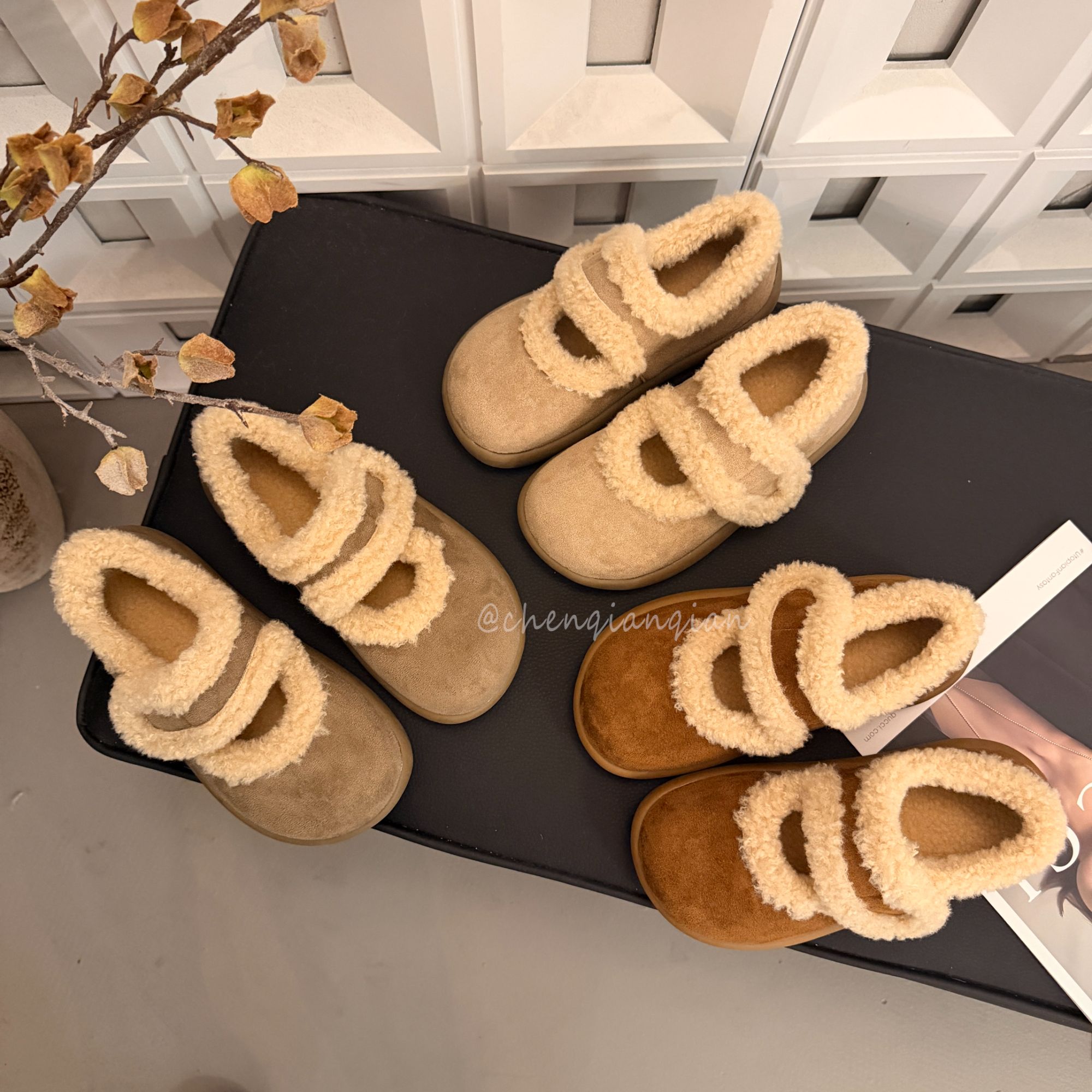 厚底加绒魔术贴勃肯鞋包头毛毛半拖鞋女外穿2025秋冬新款棉拖鞋子