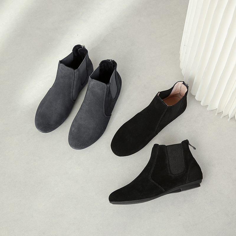 切尔西磨砂皮原创灰色短靴女圆头平底及踝靴秋冬休闲真皮平底靴秋