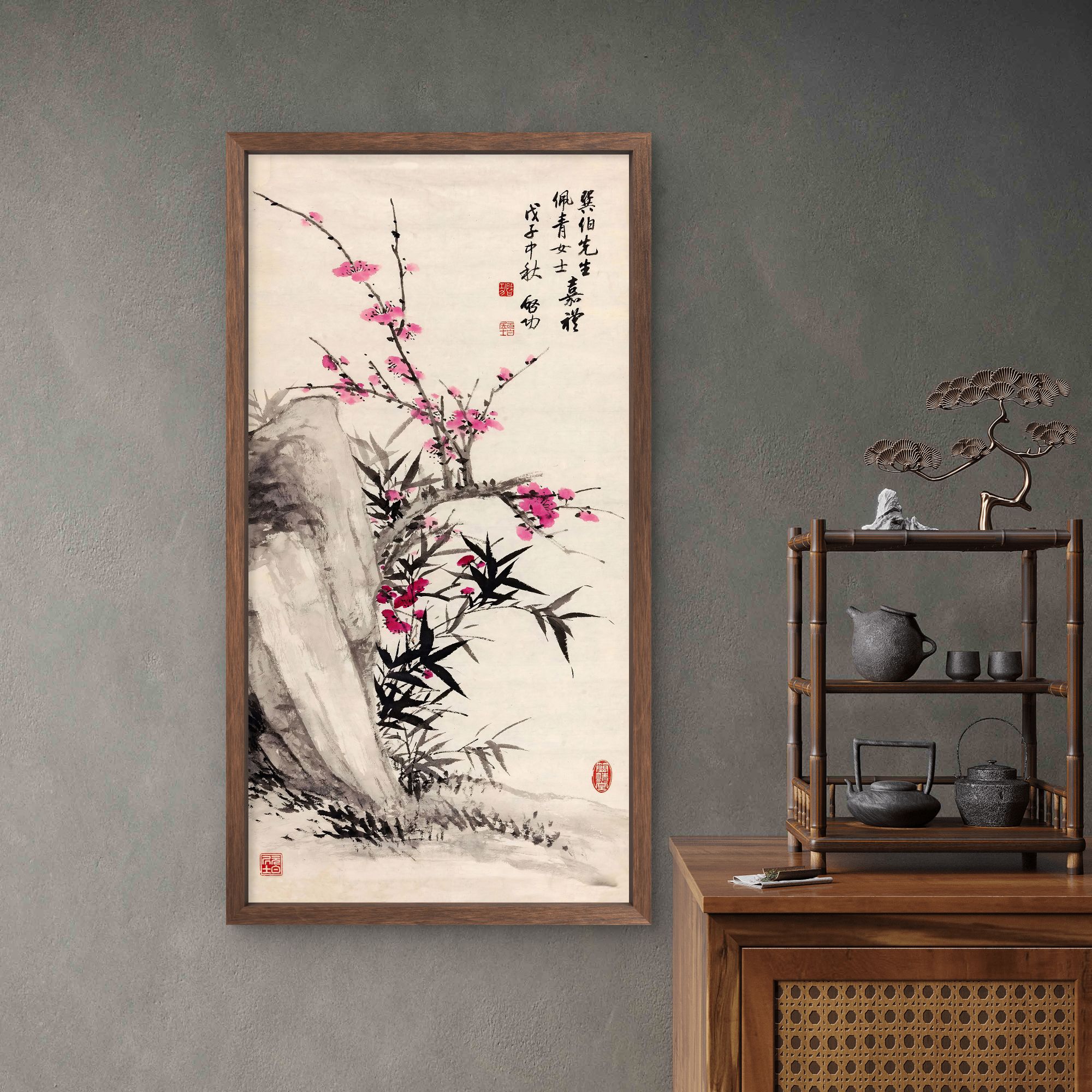 9371-30*55红梅花中式装饰画木框玄关书房茶室客厅挂画