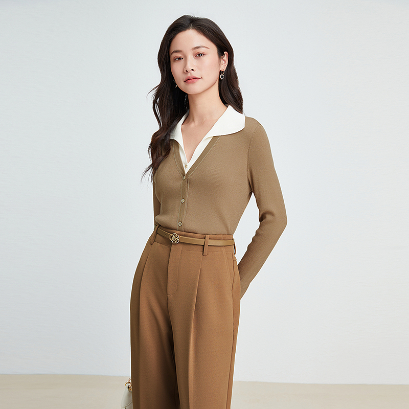 【100羊毛】珂莱蒂尔通勤舒适百搭假两件套头毛针织衫女KZ03529C4