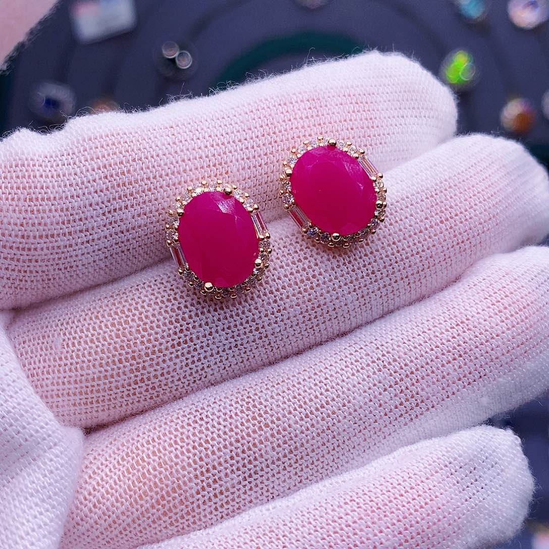 红宝石耳饰银S925镶嵌