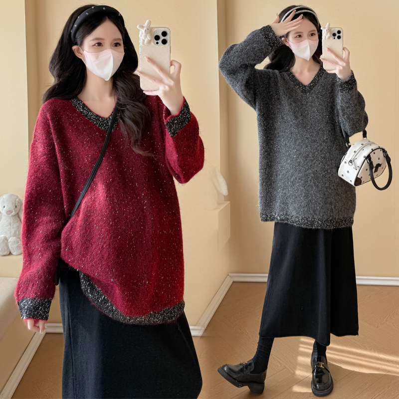 【孕妇新年穿搭】孕妇装套装冬显瘦v领亮片加厚过年红色毛衣+半身裙