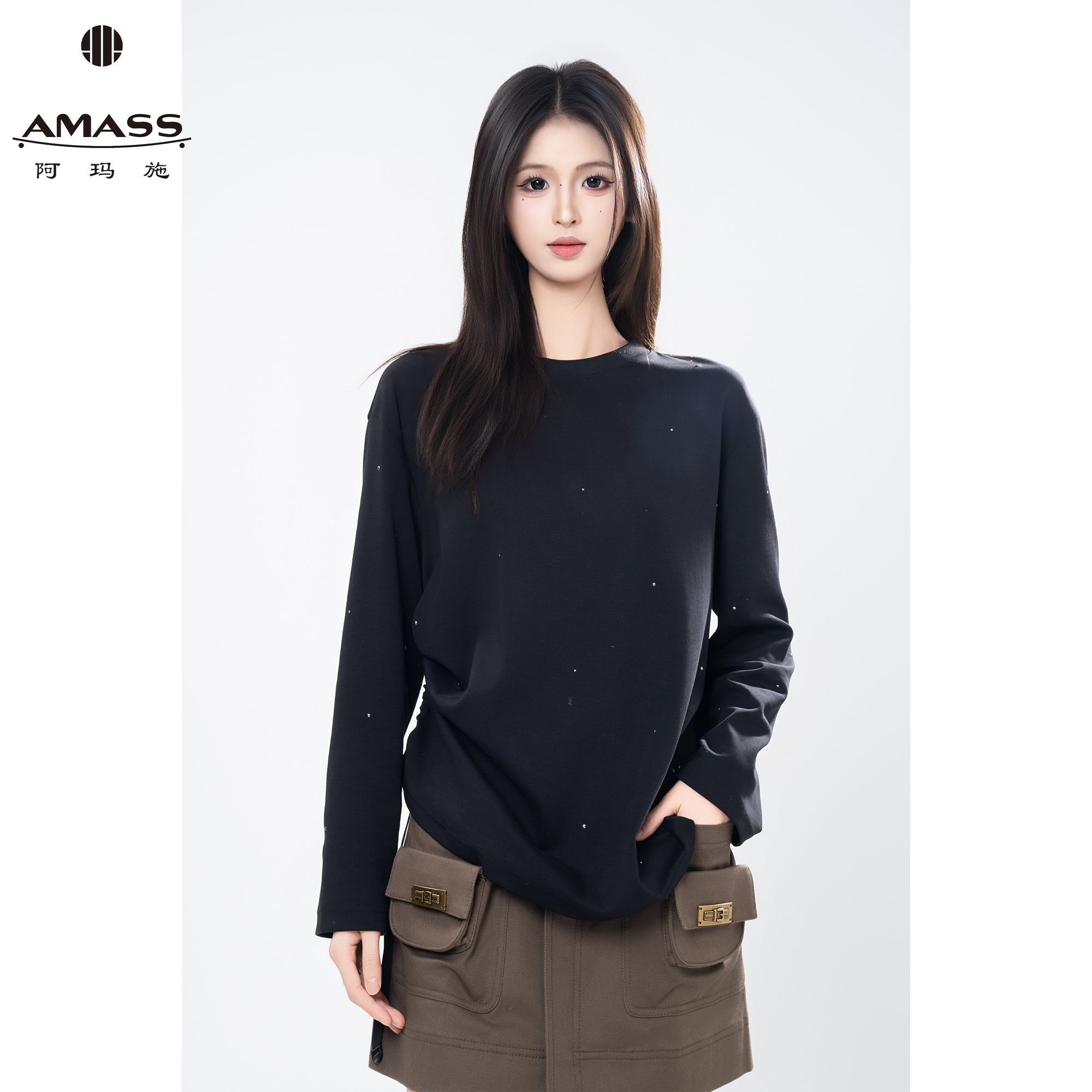 AMASS/阿玛施早秋新款时尚宽松长袖ins打底衫T恤显瘦百搭女530100
