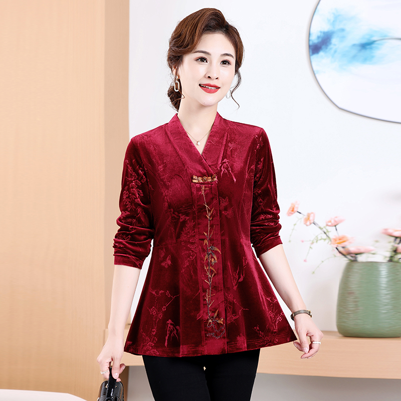 气质新款大码打底小衫纯色中年时尚遮肉显瘦洋气妈妈长袖T恤上衣