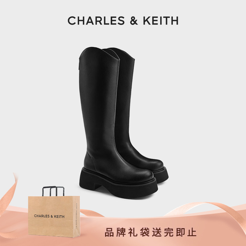 CHARLES & KEITH【琥珀流光】阔腿长靴厚底V口高筒靴 CK1-90920153
