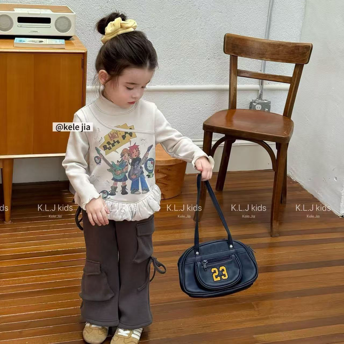 【KL】工装微喇裤休闲女童25冬季新款个性时髦花边印花上衣百搭韩版