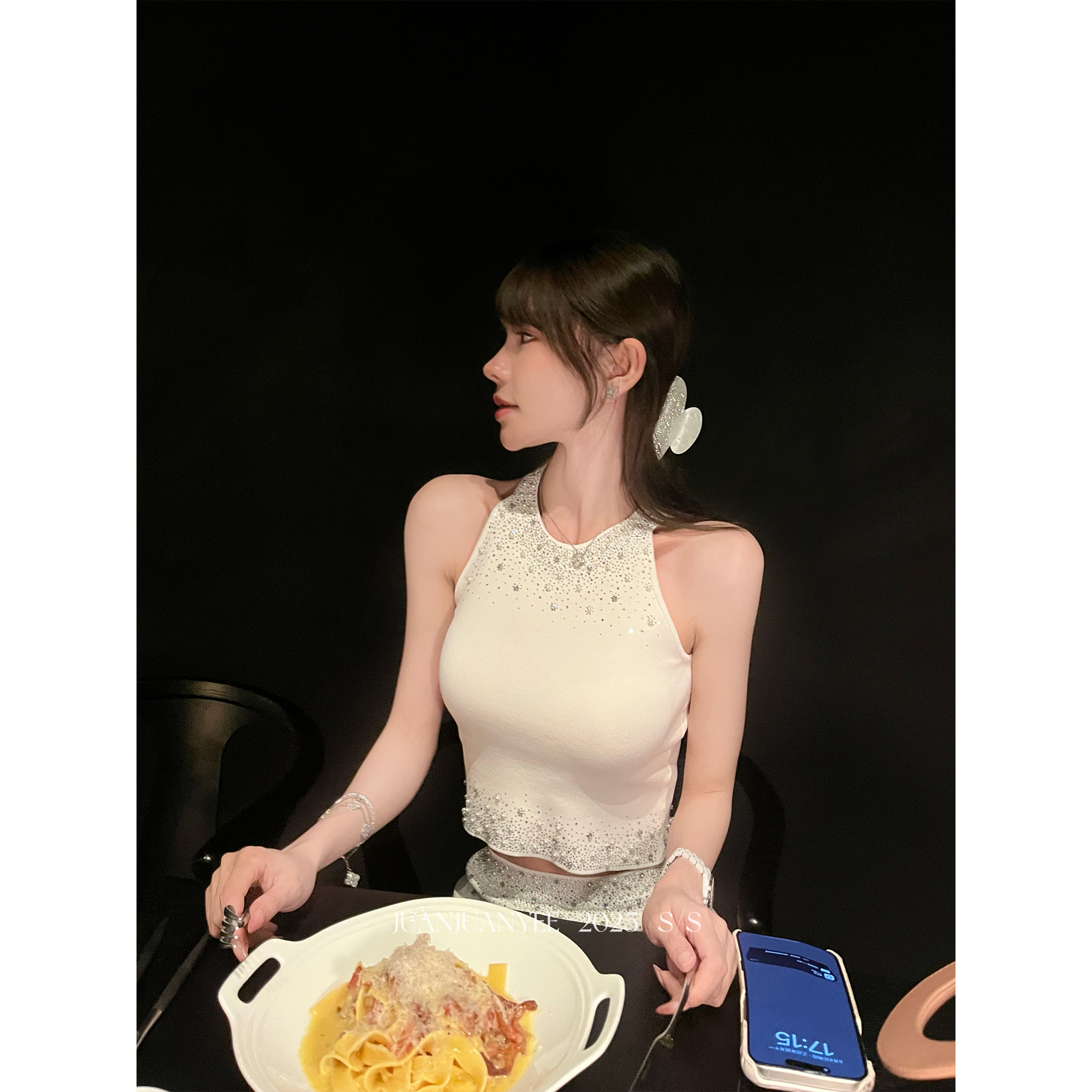 juanjuanyee【香阀千金】千金风重工钉珠无袖针织纯欲背心裙子套装